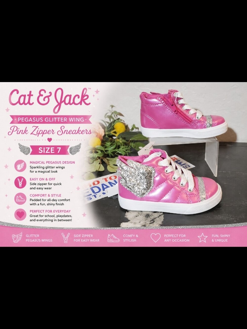 CAT & JACK Pink Pegasus Glitter Wing Pink Zipper Sneakers Size 7